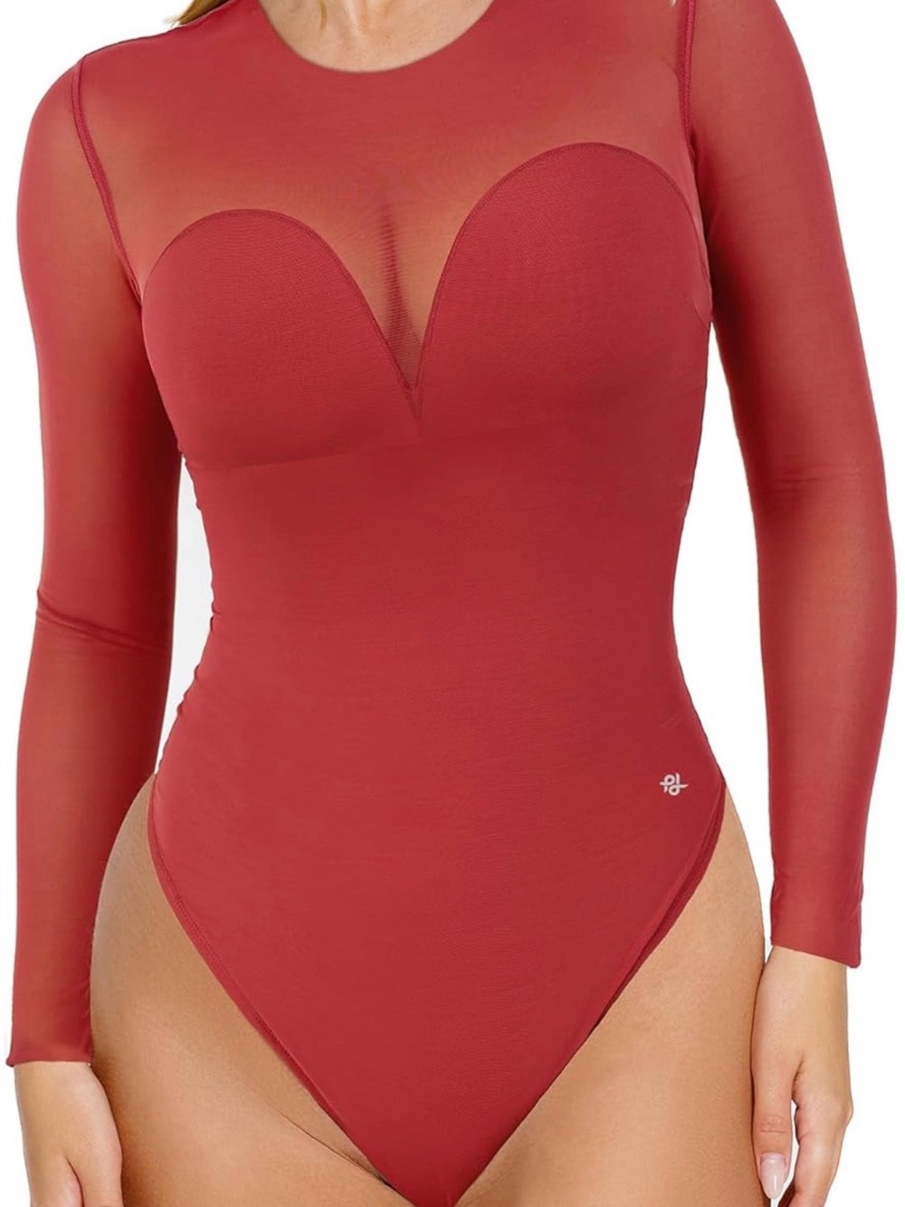 Sculpting Sheer-Panel Red Long Sleeve Bodysuit
